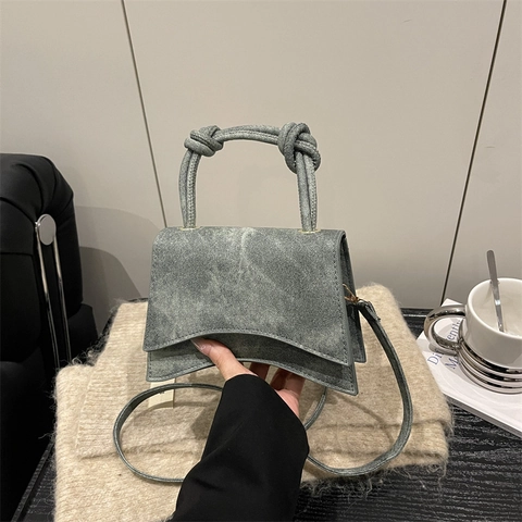 Women Retro Curved Bottom Small Square Bag Knot Handle Minimalist PU Denim Shoulder Handbag Adjustable Crossbody Bag