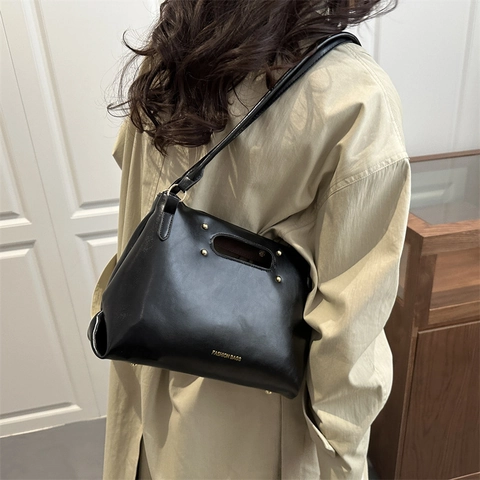 Damen Vintage PU Leder Umhängetasche Nieten Minimalistische Tragetasche Mit Hohlgriff Fashion Bags Große Kapazität Umhängetasche