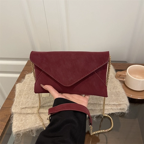 Women Envelope Crossbody Bag Frosted PU Leather Gold Chain Strap Solid Color V-Flap Small Shoulder Bag Simple Urban