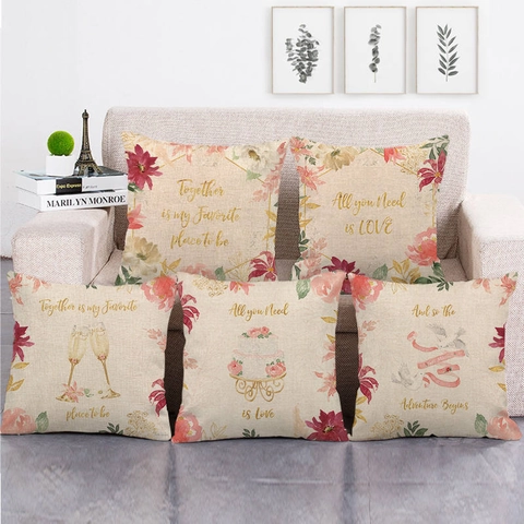 Linen Cotton Blend Wedding Anniversary Decorative Pillowcase Square Cushion Cover Flower Heart Pattern Together Love Gift
