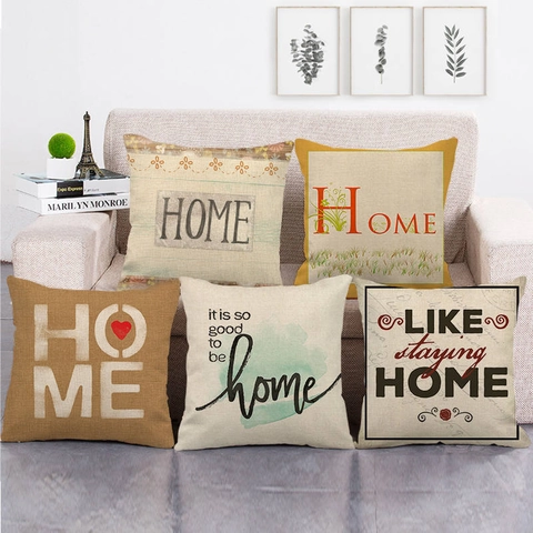 Funda De Cojín Decorativa De Lino Funda De Almohada Cuadrada Estampado Letras Home Family Para Sofá Decoración Granja