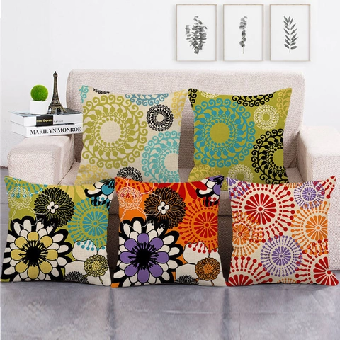 Geometrische Florale Mandala Linnen Kussenhoes Vierkante Decoratieve Sierkussenhoes Voor Sofa Woonkamer Huisdecoratie