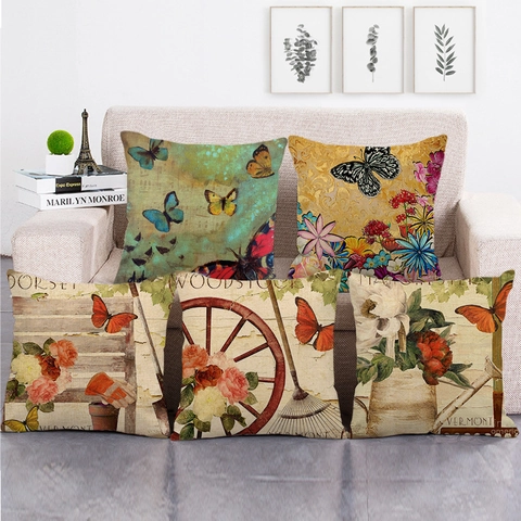 Butterfly Vintage Linen Pillow Cover Decorative Cushion Case For Sofa Home Decor Country Style Floral Pattern