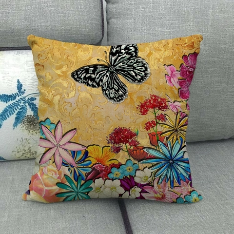 Butterfly Vintage Linen Pillow Cover Decorative Cushion Case For Sofa Home Decor Country Style Floral Pattern