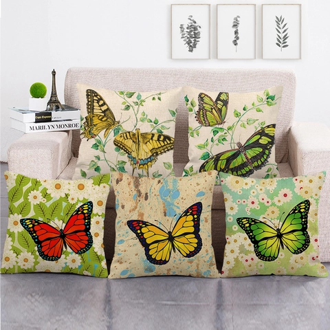 Funda De Cojín De Lino Con Patrón De Mariposa Y Flor Decorativa Cuadrada Para Sofá Sala De Estar Hogar Vintage