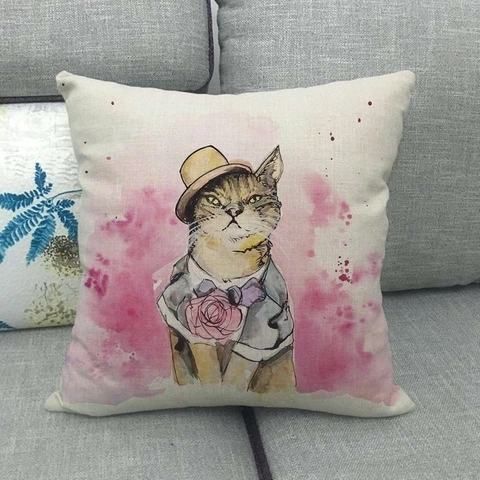 Watercolor Cat Cushion Cover Linen Square Hand Painted Animal Throw Pillowcase Artistic Home Decor Sofa Case