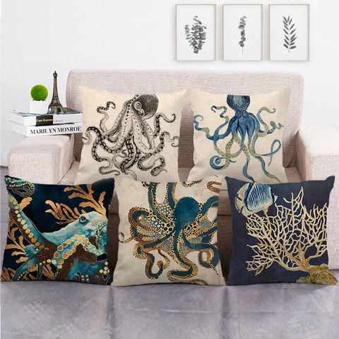Octopus Sea Animal Printed Linen Pillowcase Vintage Ocean Marine Life Cushion Cover For Home Couch Sofa Decor