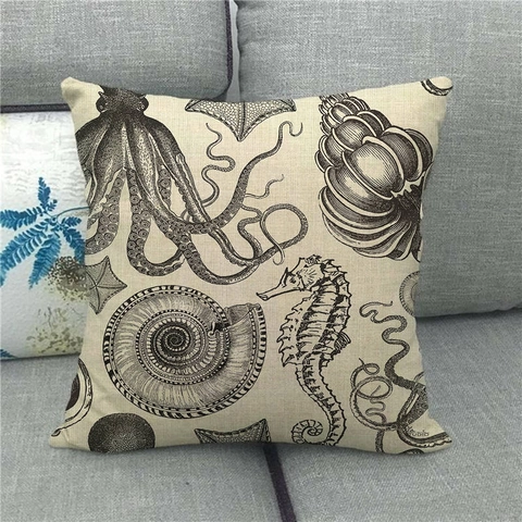 Octopus Sea Animal Printed Linen Pillowcase Vintage Ocean Marine Life Cushion Cover For Home Couch Sofa Decor