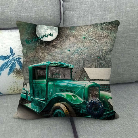 Fodera Per Cuscino Vintage Camion Di Natale Lino Paesaggio Invernale Decorativo Copricuscino Quadrato Per Divano