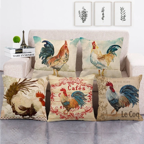 Taie d'Oreiller en Lin Style Peinture à l'Huile Coq Rustique Rétro Campagne Française Housse de Coussin Décorative Pour Canapé Salon Carrée