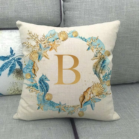 Linen Marine Life Alphabet Throw Pillow Cover Golden Letter Seashore Seahorse Starfish Decorative Cushion Case Home Decor