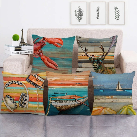 Beach Seaside Style Linen Throw Pillow Case Retro Nautical Coastal Print Decorative Cushion Cover For Sofa Home Decor