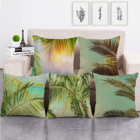 Fodera per Cuscino in Lino con Foglie di Palma Tropicale Copricuscino Quadrato Decorativo per Divano Soggiorno Decorazioni Casa