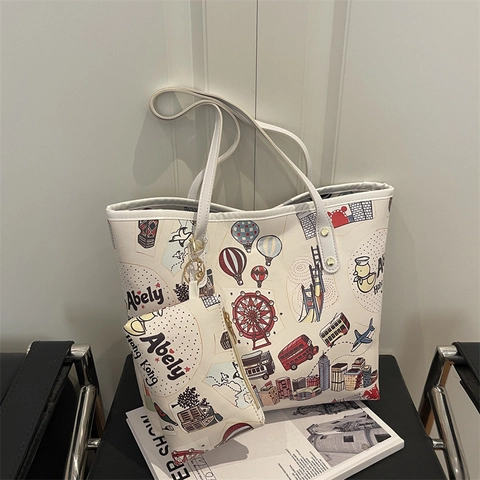 Abely Sac Tote Imprimé Repère Urbain de Hong Kong Avec Petit Sac Grande Capacité Cuir PU Décontracté Sac à Épaule Femme