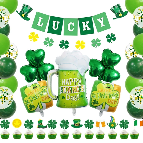 Kit Decorazione Palloncini San Patrizio Quadrifoglio Verde Boccale Birra Alluminio Per Festa Irlandese