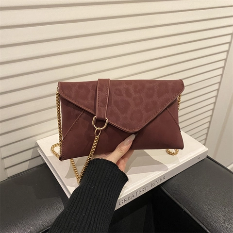 Leopard Print Envelope Bag For Women Fashion Suede Clutch With Gold Chain Strap Crossbody Bag Casual Party Evening Handbag