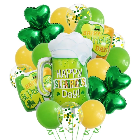 Kit Decorazione Palloncini San Patrizio Quadrifoglio Verde Boccale Birra Alluminio Per Festa Irlandese