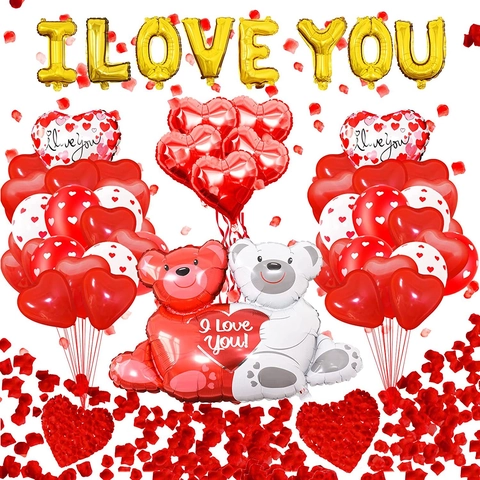 Romantic Valentine's Day Aluminum Foil Balloon Set With I LOVE YOU Letters Heart Shape Balloons Bear And Rose Petals For Wedding Party Decor