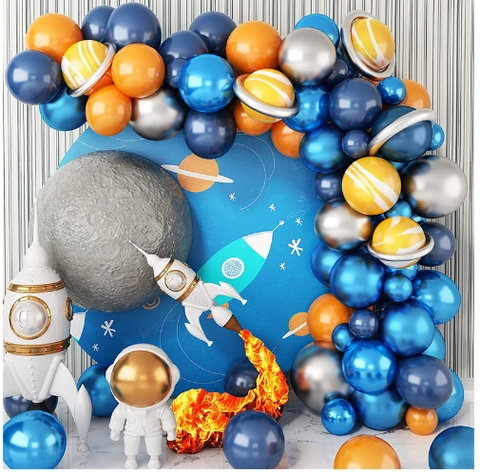 Kit de Arco de Globos para Fiesta Temática de Astronauta Espacial con Globos de Helio de Cohete y Luna Látex Azul Naranja