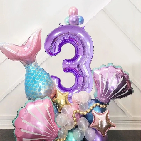 Mermaid Theme Birthday Balloon Purple Number Shell Fish Tail Star Macaron Latex Balloons Kids Party Decoration Supplies
