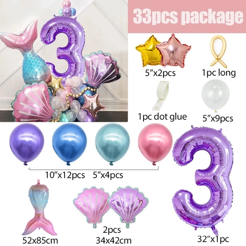 Mermaid Theme Birthday Balloon Purple Number Shell Fish Tail Star Macaron Latex Balloons Kids Party Decoration Supplies