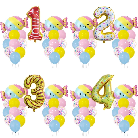 Set Di Palloncini Compleanno Numerati Caramelle Ciambella Alluminio Lattice Macaron Decorazione Festa Per Bambini Neonato