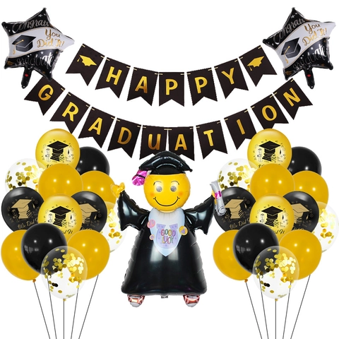 Decorazione di Laurea Nero Oro Combo Happy Graduation Banner Palloncini in Alluminio Stella Palloncini in Lattice Festa