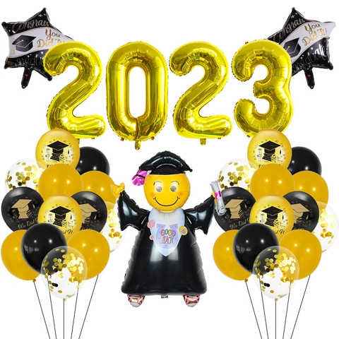 Decorazione di Laurea Nero Oro Combo Happy Graduation Banner Palloncini in Alluminio Stella Palloncini in Lattice Festa