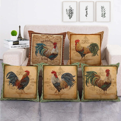 Vintage Farmhouse Rooster Cotton Linen Pillowcase Retro Artistic Rooster Printed Cushion Cover For Sofa Living Room Home Decor