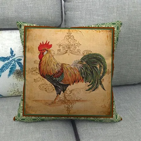 Vintage Farmhouse Rooster Cotton Linen Pillowcase Retro Artistic Rooster Printed Cushion Cover For Sofa Living Room Home Decor