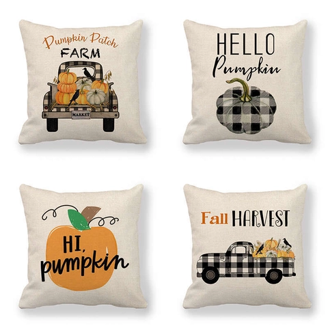 Housse de Coussin en Lin Citrouille Buffalo Check Halloween Housse de Coussin Décorative Camion de Récolte pour Salon