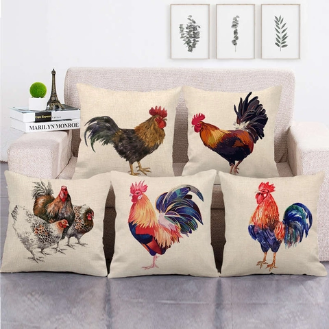 Rooster Throw Pillow Case Linen Pastoral Cushion Cover Farmhouse Vintage Country Style Decorative Case For Sofa Living Room