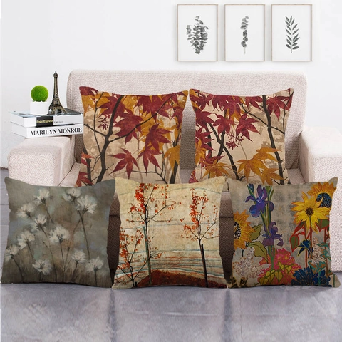 Funda de Almohada Artística de Lino Hojas de Arce de Otoño Girasoles Cuadrada Decorativa para Sofá Sala de Estar Hogar Sin Relleno