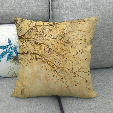 Funda de Almohada Artística de Lino Hojas de Arce de Otoño Girasoles Cuadrada Decorativa para Sofá Sala de Estar Hogar Sin Relleno