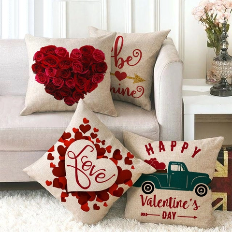 Valentine's Day Linen Throw Pillow Case Red Rose Heart Love Be Mine Truck Pattern Square Cushion Cover For Sofa Decor