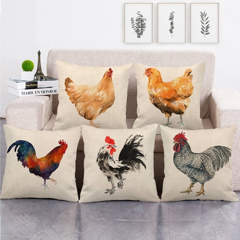Farmhouse Watercolor Rooster Linen Pillowcase Rustic Decorative Cushion Cover For Sofa Couch Bed Home Living Room Decor