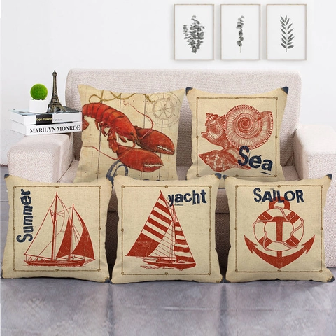Housse De Coussin Nautique Lin Vintage Ancre Bateau Marine Décoratif Carré Taie D'oreiller Pour Canapé Maison