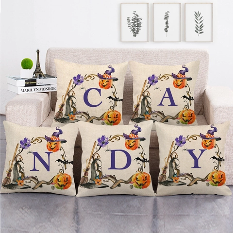 Federa per Cuscino in Lino con Stampa Lettere di Halloween Zucca Acquerello Pipistrello Cappello da Strega Quadrata per Divano