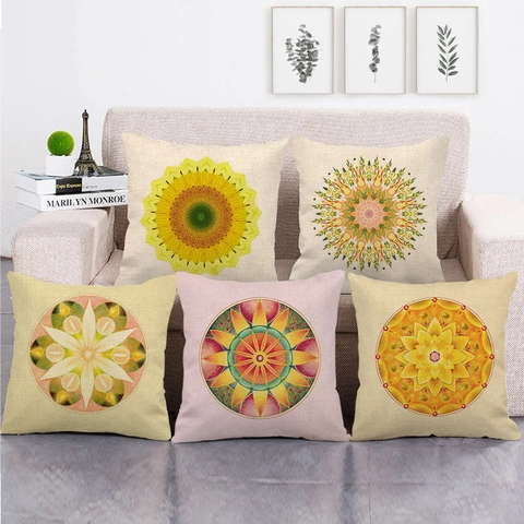Geometrisch Mandala Patroon Linnen Kussenhoes Zonnebloem Print Vierkant Sofa Decoratie Boho Stijl