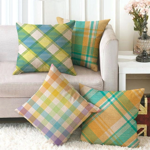 Kissenbezug Leinen Geometrisch Karo Quadratisch Dekorativer Kissenhülle Für Sofa Haus Wohnzimmer Modern