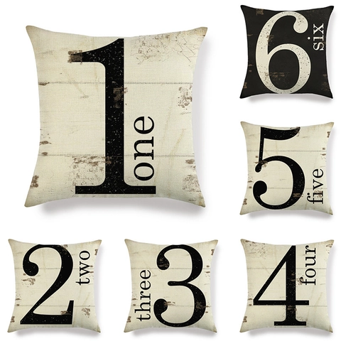 Minimalistisch Linnen Vierkant Kussensloop Vintage Industrieel Nummer Letter Print Kussenhoes Voor Woonkamer Huis Decor