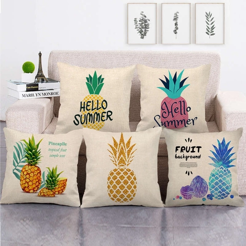 Ananas Tropische Frucht Leinen Kissenbezug Hello Summer Modern Quadratisch Kissenhülle Für Sofa Wohnzimmer Deko