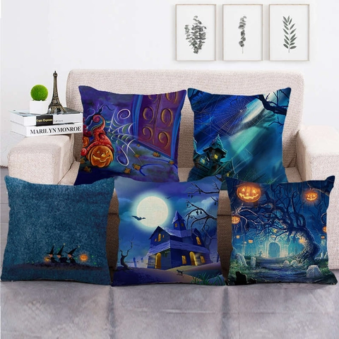 Fundas De Almohada De Halloween Mezcla De Lino Cuadradas Calabaza Bruja Casa Embrujada Castillo Impreso Decoración Para Sofá Hogar Decorativo