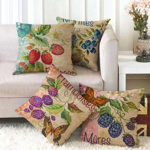 Vintage Farmhouse Linen Decorative Throw Pillow Case Fruit Strawberry Raspberry Blueberry Butterfly Pattern Square Cushion Cover Home Decor