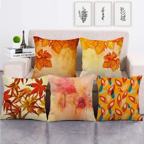 Autumn Fall Leaves Linen Pillow Case Cushion Cover Decorative Pumpkin Gnome Thanksgiving Print Throw Pillowcase For Home Sofa