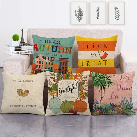 Funda De Cojín De Otoño Acción De Gracias Lino Calabaza Hoja De Arce Decorativa Para Sofá De Sala