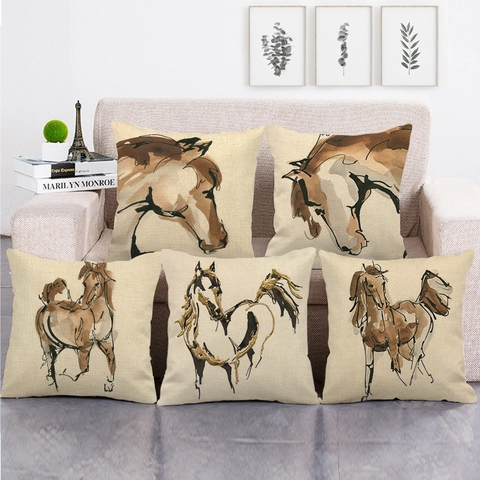 Linen Horse Cushion Cover Ink Painting Style Decorative Pillowcase For Sofa Living Room Artistic Home Decor