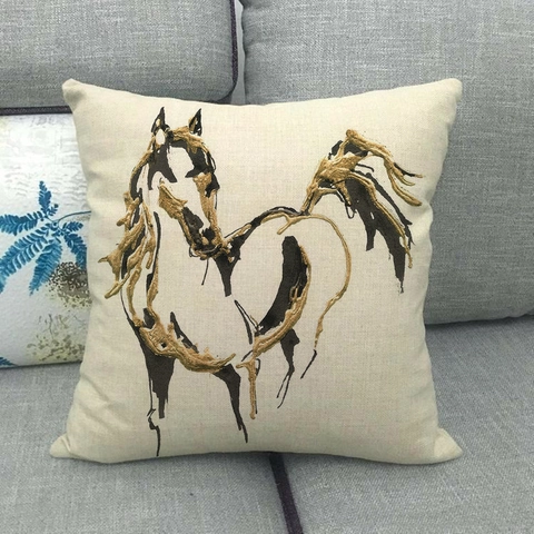 Linen Horse Cushion Cover Ink Painting Style Decorative Pillowcase For Sofa Living Room Artistic Home Decor
