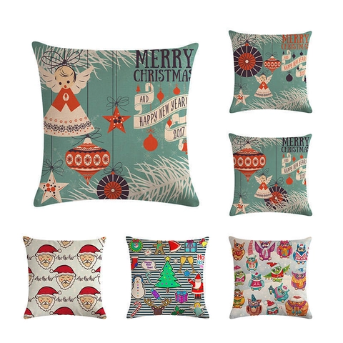 Fodera per Cuscino Vintage Natalizia in Lino Azzurro Retrò Babbo Natale Angelo Gufo Motivo Decorativo per Divano Casa