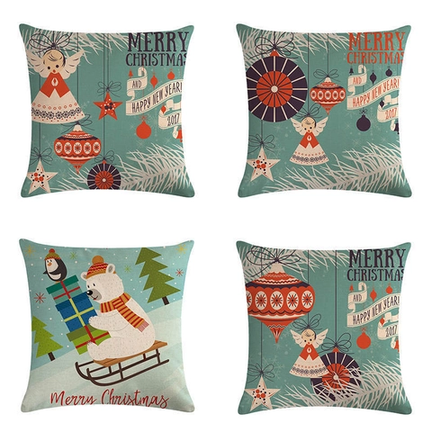 Fodera per Cuscino Vintage Natalizia in Lino Azzurro Retrò Babbo Natale Angelo Gufo Motivo Decorativo per Divano Casa